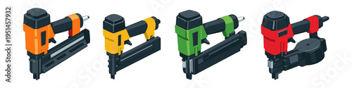 Collection of four different colored pneumatic nail guns arranged in a row