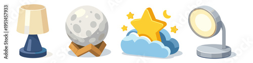 Collection of four cartoon-style icons representing different light sources and celestial elements