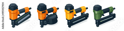 Collection of four different types of pneumatic nail guns and staplers in isometric view
