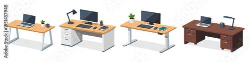 Collection of four modern office desks with computers, laptops, and lamps