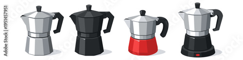 Collection of four classic Italian moka pots for brewing coffee on a white background