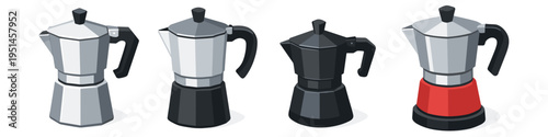 Collection of four moka pots in different colors and styles for brewing coffee