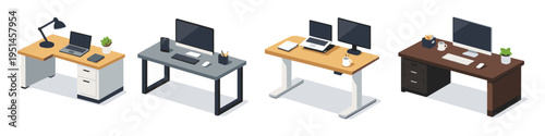 Collection of isometric office desks with computers and accessories