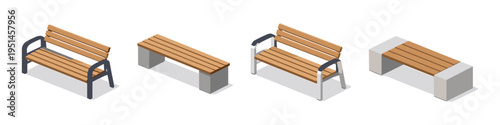 Collection of four modern isometric park benches with wooden slats and metal frames