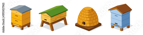 Collection of four different types of beehives in isometric view on a white background