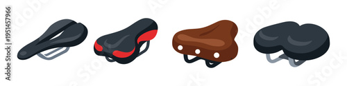 Collection of four distinct bicycle saddles in a row, isolated on white background