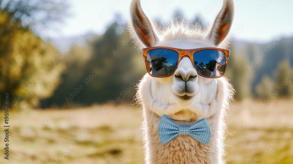 Obraz premium Funny llama wearing sunglasses and bowtie in a field