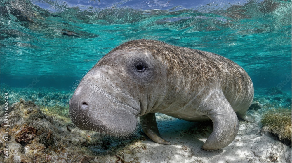 Fototapeta premium A Peaceful Dugong Resting Underwater in Tropical Ocean Waters