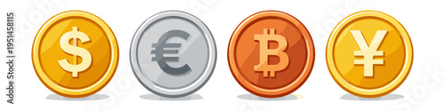 Collection of diverse currency coins including dollar, euro, bitcoin, and yen symbols