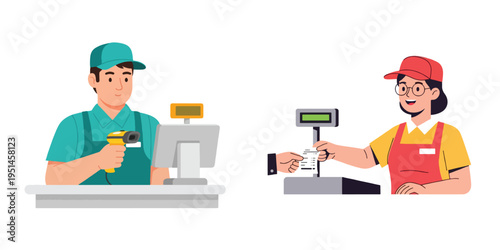 Checkout process with cashier and customer