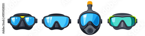 Collection of four different diving masks and snorkels on a white background