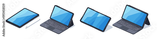 Modern tablet computers with keyboards and stylus pens shown in isometric view