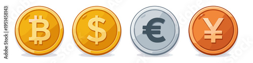 Collection of diverse currency coins including Bitcoin, Dollar, Euro, and Yen symbols