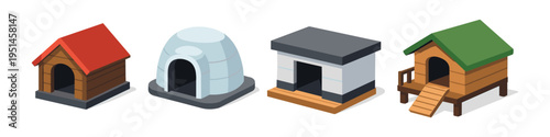 Collection of diverse isometric animal shelters including dog houses and igloo