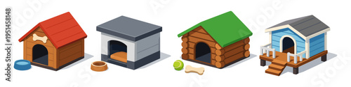 Collection of diverse isometric dog houses with accessories like bowls and toys