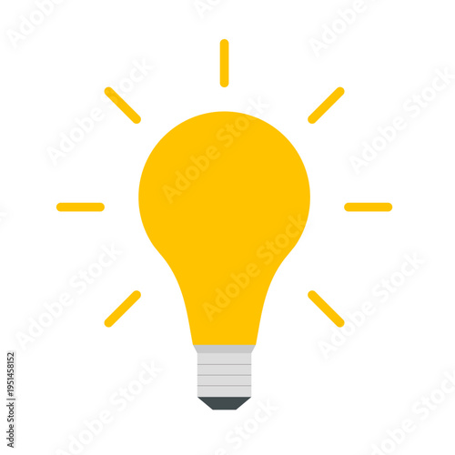Simple yellow light bulb icon glowing with idea concept minimal flat design on gray background