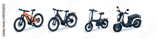 Collection of electric bicycles and scooters in various styles and colors