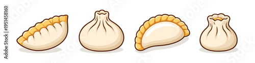 Collection of four cartoon dumplings and buns with different shapes and textures
