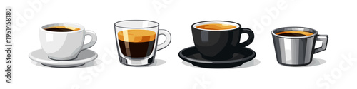 Four different coffee cups with espresso, including ceramic, glass, and metal designs