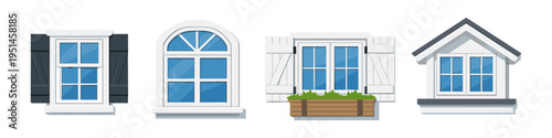 Collection of diverse architectural window styles with shutters and planter box
