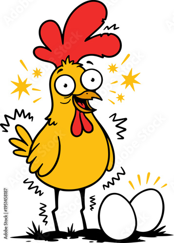 Shocked cartoon hen character standing over two white eggs with sparkles, funny poultry vector illustration, doodle art style isolated graphic element for Easter merch