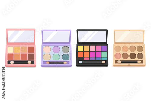 Collection of colorful eyeshadow palettes with mirrors and applicators on a white background
