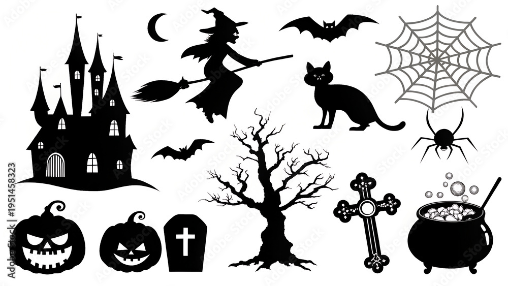 Fototapeta premium Spooky Halloween vector set featuring flat icons of a pumpkin, bat, and witch silhouette for an autumn holiday design