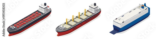 Collection of three different types of cargo ships in isometric view