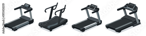 Collection of four different treadmills in isometric view on a white background
