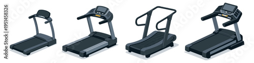 Collection of four different treadmills in isometric view on a white background