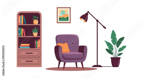 A cozy reading nook features a purple armchair bookshelf and floor lamp with a striking silhouette high quality professional detailed modern
