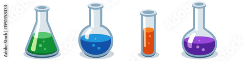Collection of colorful laboratory flasks and test tubes with bubbling liquids
