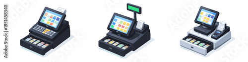 Collection of three isometric cash registers with open drawers and receipts