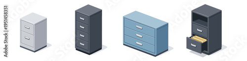 Isometric view of four different filing cabinets for office organization and storage