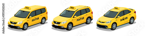 Three yellow taxi cars in different body styles shown from a side isometric perspective