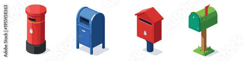 Collection of four diverse isometric mailboxes and post boxes in different colors