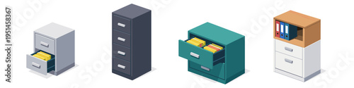 Collection of isometric filing cabinets with drawers open and closed