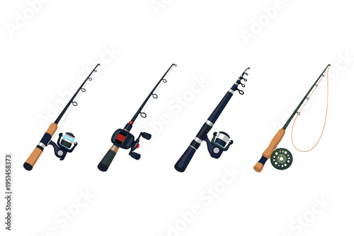 Collection of four different fishing rods with reels and lines, isolated on white background