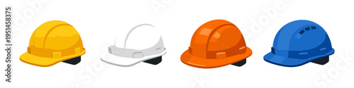 Set of four colorful hard hats for construction and industrial safety