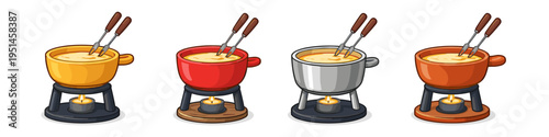 Collection of four colorful fondue pots with forks and lit candles