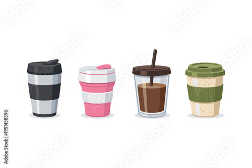 Collection of reusable coffee cups and travel mugs with lids and straws