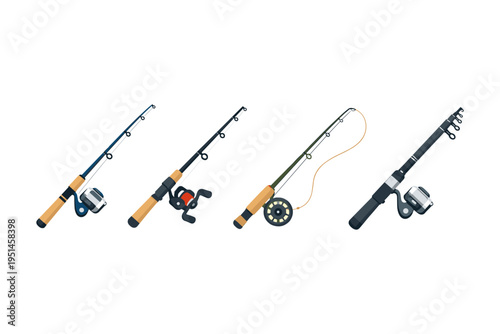 Collection of four different fishing rods with reels, isolated on a white background