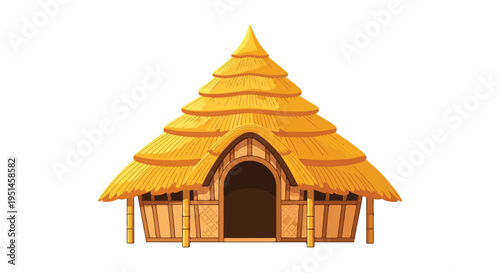 Illustration of a traditional wooden hut with a thatched roof and arched doorway against a white background.