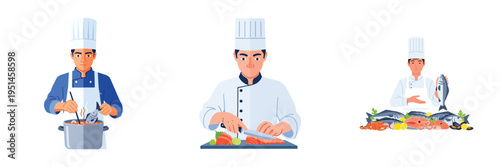 Chef cooking and preparing seafood dishes