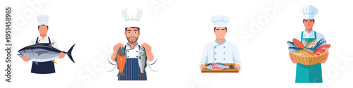 Chefs with fish and seafood for culinary use