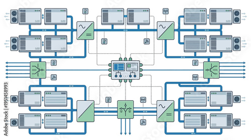 A complex flowchart with various interconnected components and arrows.