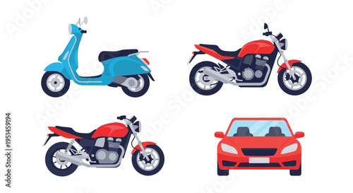A colorful illustration depicting a scooter two motorcycles and a car all presented as a flat design silhouette high quality professional