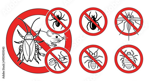 Pest Control Icons: No Cockroaches, Mice, Spiders, Ants, Mosquitoes, Termites