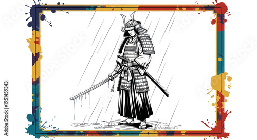 Samurai Warrior in Traditional Armor Holding Katana Sword in Rain