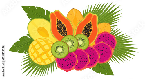 Vibrant Tropical Fruit Medley: Papaya, Mango, Kiwi, Dragon Fruit & Avocado